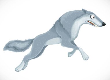 Vahşi çizgi film gri kurt beyaz arka planda tek başına ileri sıçrar.