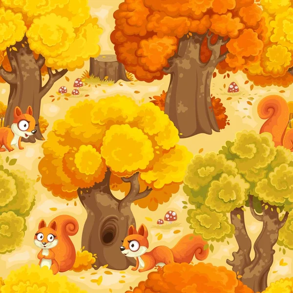 有可爱松鼠卡通画的无缝图案 一个有苍蝇农艺学背景的秋天森林 — 图库矢量图片
