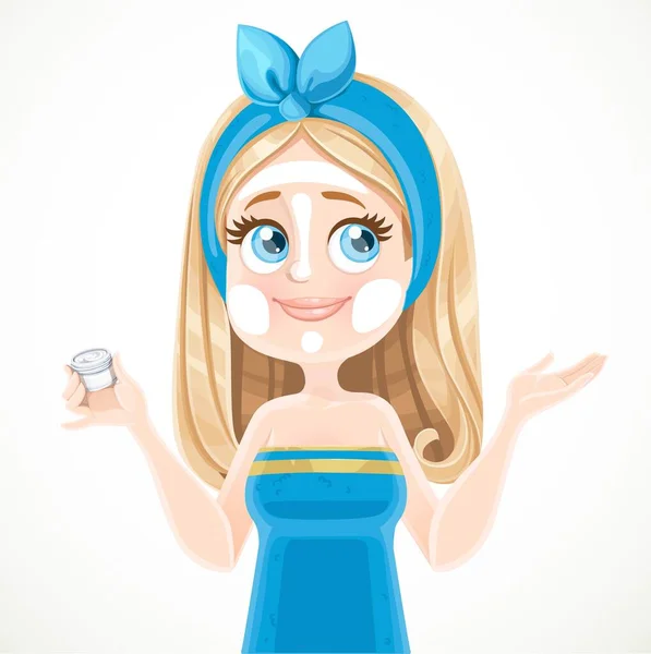 Χαριτωμένο Ξανθό Κορίτσι Μια Μπλε Πετσέτα Μπάνιου Εφαρμόζει Κρέμα Απομονώνονται — Διανυσματικό Αρχείο