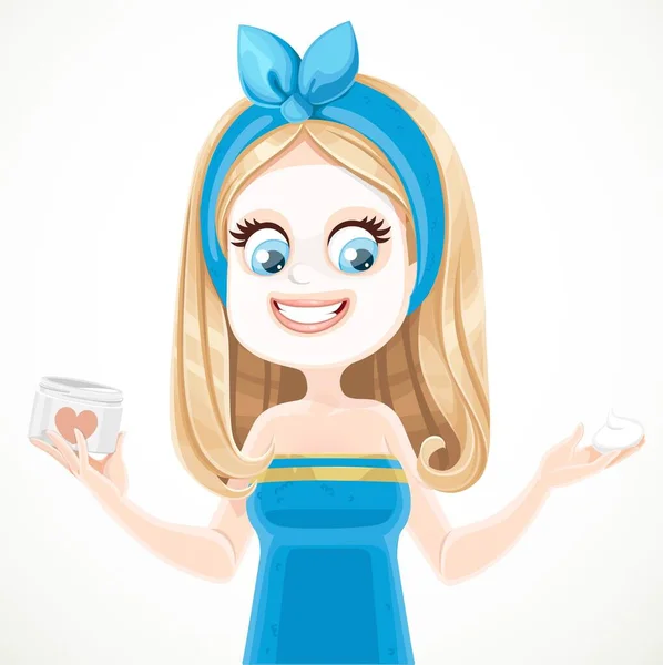 Roztomilé Blondýny Dívka Modré Sauně Ručník Kosmetickou Maskou Obličeji Sklenicí — Stockový vektor