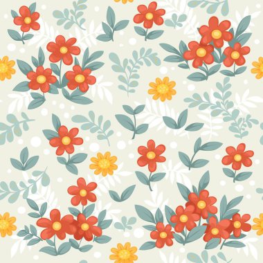 Bej bir arka planda güzel kırmızı ve sarı çiçeklerin kusursuz dekoratif süsü.