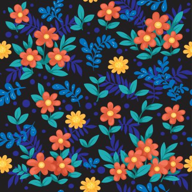 Güzel kırmızı ve sarı çiçeklerin kusursuz dekoratif süsü siyah bir arkaplanda.