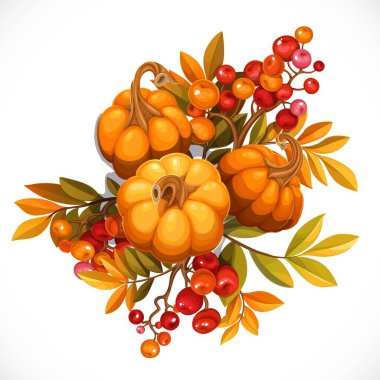 Beyaz arka planda küçük balkabakları ve viburnum ya da rowan nesneleri ile süslenmiş siyah flörtlü yay.