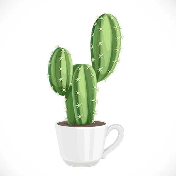 Fehér Alapon Izolált Fehér Kerámia Pohárba Ültetett Tüskés Kaktusz — Stock Vector