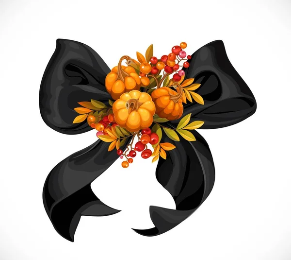 Black Flirty Bow Decorated Small Pumpkins Twigs Viburnum Rowan Object — Stock Vector