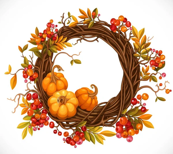 Podzimní Věnec Větviček Listů Červených Bobulí Dýní Izolovaných Bílém Pozadí — Stockový vektor