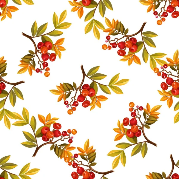 Seamless Pattern Autumn Branches Leaves Red Berries White Background — Stock Vector