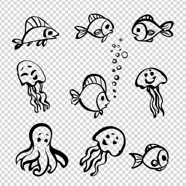 Mignon Dessin Animé Doodle Poissons Méduses Peintes Avec Pinceau Traits — Image vectorielle