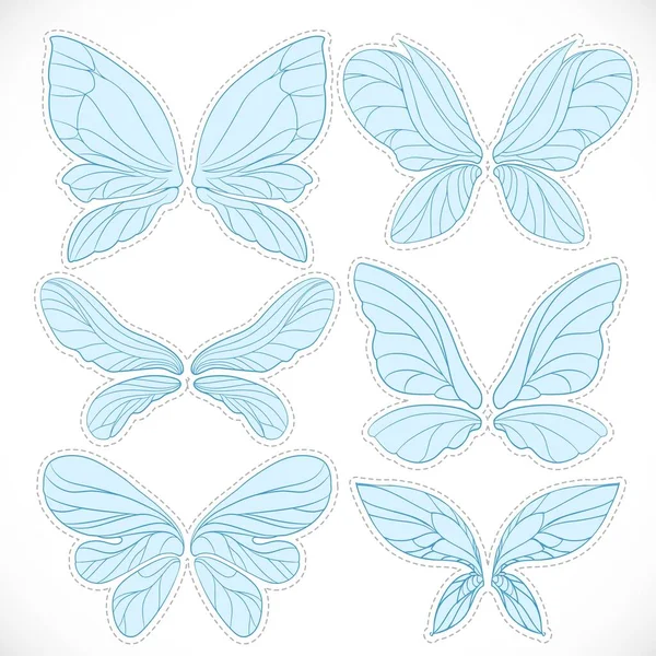 Blue Fairy Wings Dotted Outline Cutting Set Isolated White Background — Stock Vector