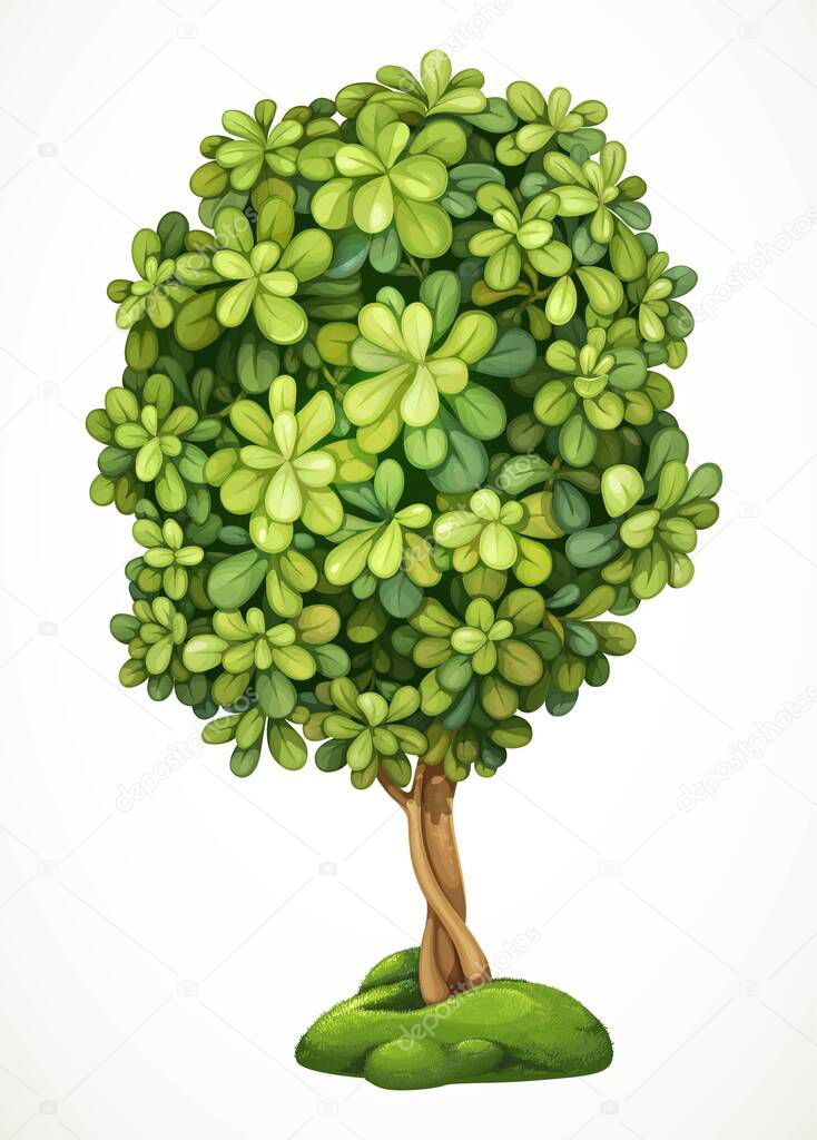 Fairy tree on the hill with moss. Detailed vector illustration isolated on white background
