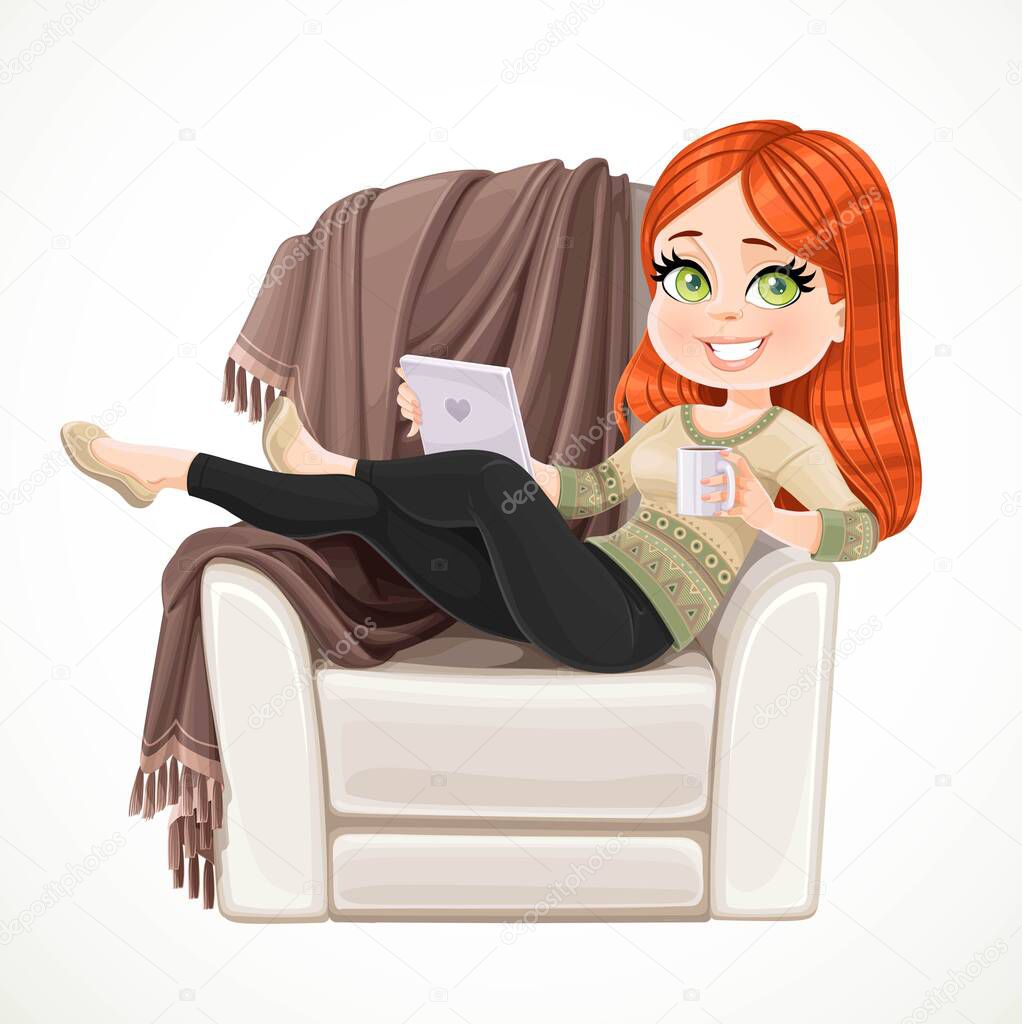 Cute girl sitting in comfortable chair with a plaid holding tablet in her hand and drinking tea or coffee from white cup isolated on white background