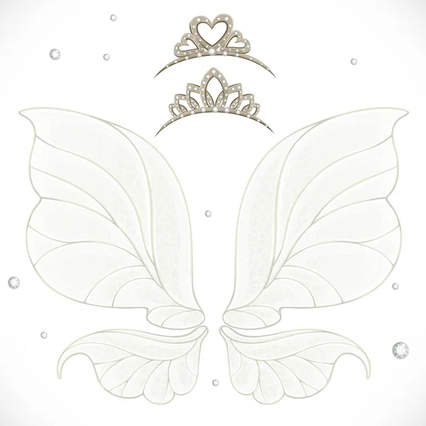 白い背景に孤立した雪のティアラと妖精の青い冬の翼 — ストックベクタ