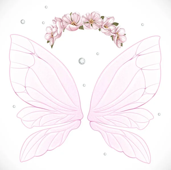 ピンク色の春の花のリースとピンクの妖精の翼白い背景に孤立バンドル — ストックベクタ