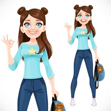 Elinde sırt çantası olan sevimli çizgi film kızı beyaz arka planda izole edilmiş 