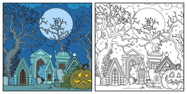 Scary old abandoned cemetery with crypts and big trees and pumpkin color and outline drawing for coloring isolated on white background clipart