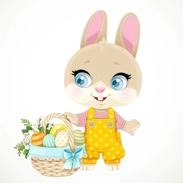 Милый Маленький Кролик Стоит Рядом Большой Корзиной Окрашенными Пасхальными Яйцами — стоковый вектор