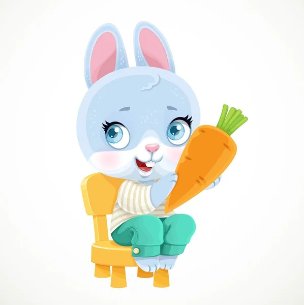 Cute Little Bunny Sitting Chair Holding Carrot Paws Isolated White — Stock Vector