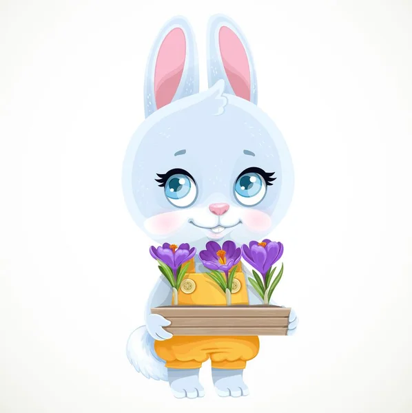 Милый Кролик Деревянной Коробкой Фиолетовыми Крокусами Белом Фоне — стоковый вектор