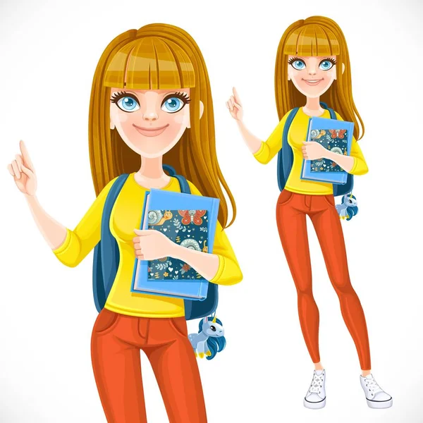 Roztomilé Blondýny Teen Dívka Batohem Knihu Ruce Izolované Bílém Pozadí — Stockový vektor
