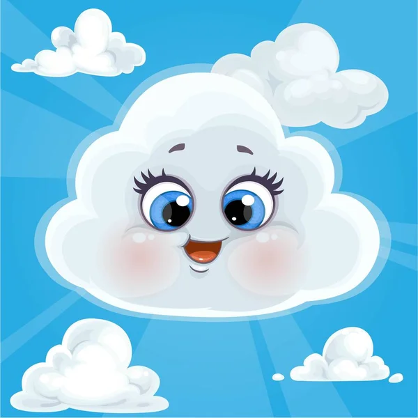 在蓝天和蓝云的背景下 可爱的卡通云被光晕环绕着 — 图库矢量图片