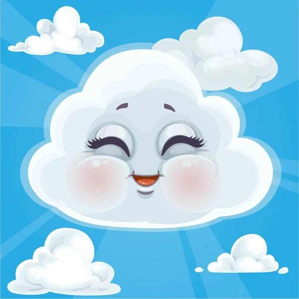 Cute Cartoon Happy Cloud Surrounded Halo Glow Background Blue Sky — Stock Vector