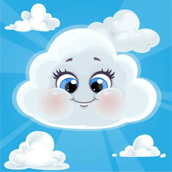 Cute Cartoon Smiling Cloud Surrounded Halo Glow Background Blue Sky — Stock Vector