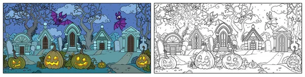 Seamless Background Scary Old Cemetery Halloween Pumpkins Bats Color Outlined — Stock Vector