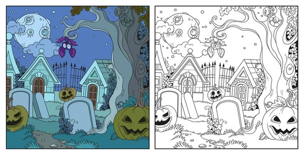 Halloween Fundo Cemitério Criptas Com Abóboras Cor Delineado Para Colorir — Vetor de Stock