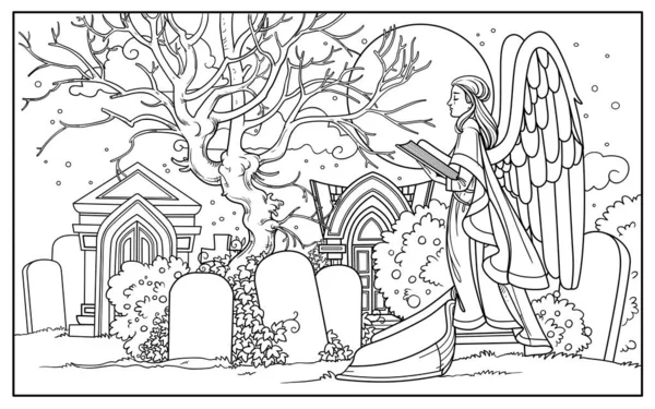 用坟墓 坟墓和有白色背景书籍的天使雕像在墓地上涂彩绘的线条 — 图库矢量图片