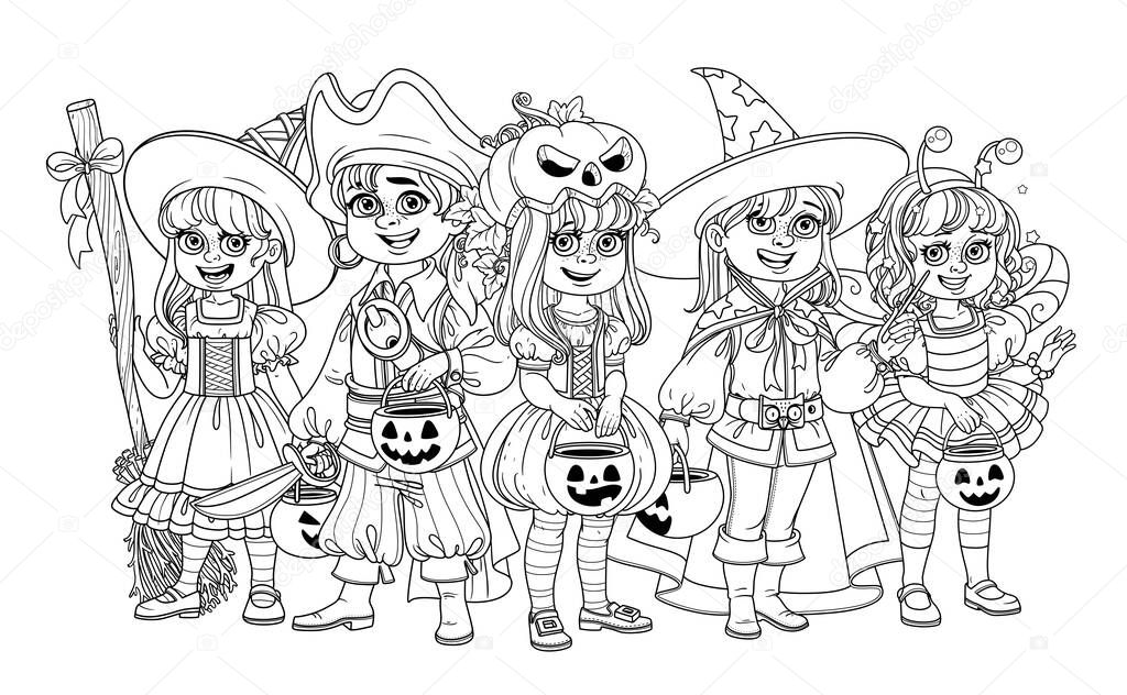Children dressed in costumes of monsters and magic creatures for Halloween trick or treat outlined for coloring page