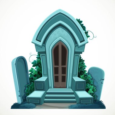 Beyaz arka planda izole edilmiş yabani sarmaşıklarla çevrili eski taş mahzenler.