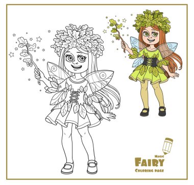Cute in a fairy costume dressed in a suit of oak leaves and with magic wand with leaves and acorns color and outlined isolated on white background clipart