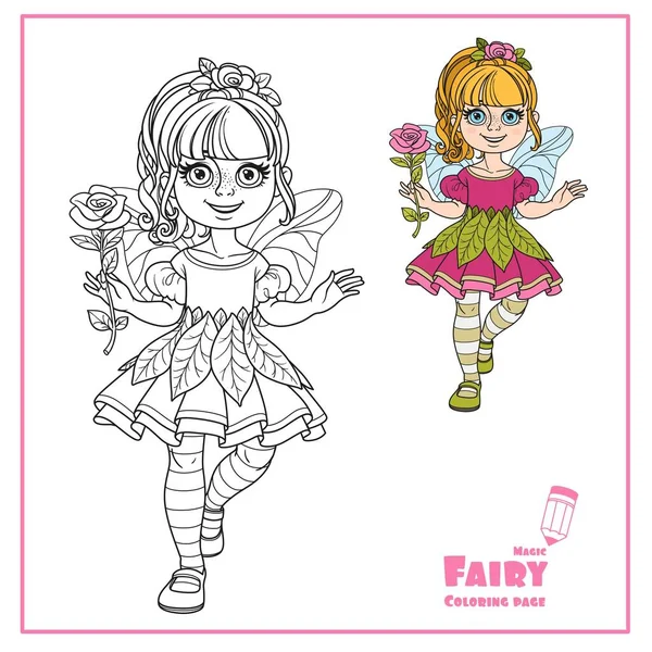 Cute Girl Fairy Costume Holding Large Rose Handle Long Color — Stock Vector