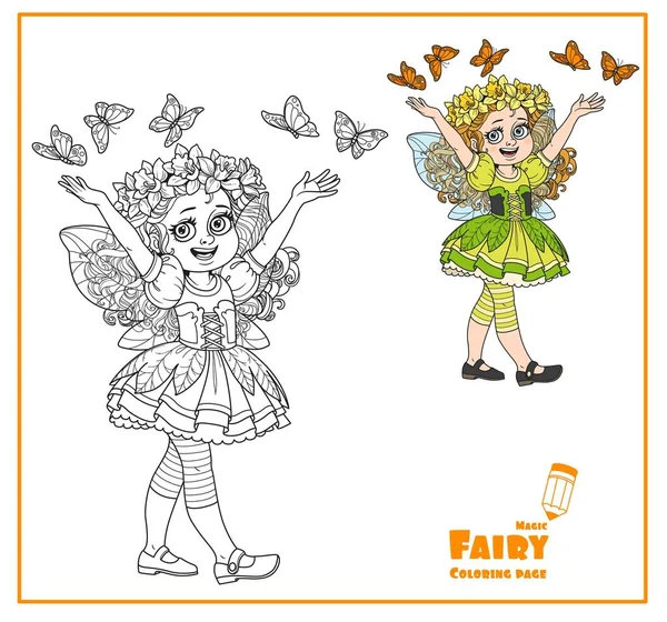 Cute Girl Costume Spring Fairy Butterflies Color Outlined Isolated White — Stock Vector