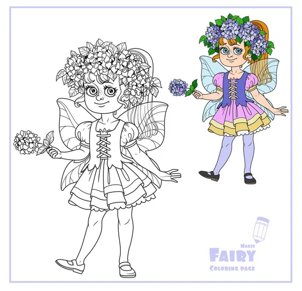 Cute Girl Costume Summer Fairy Flower Wreath Hydrangea Color Outlined — Stock Vector