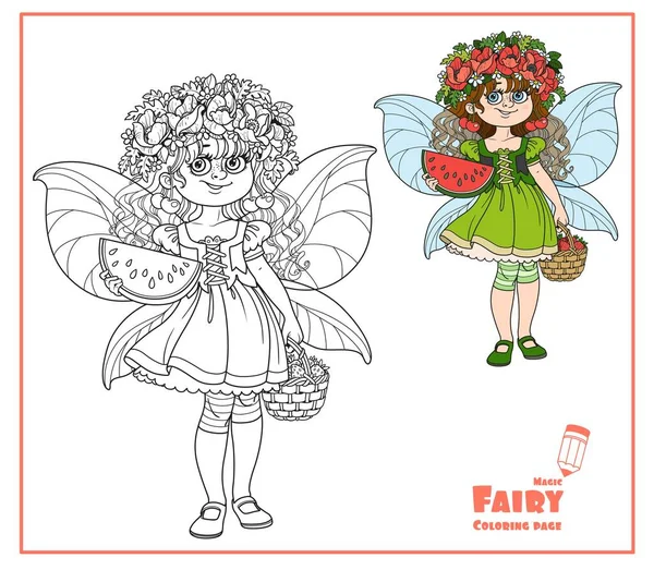 Cute Girl Costume Summer Fairy Flower Wreath Watermelon Strawberry Color — Stock Vector