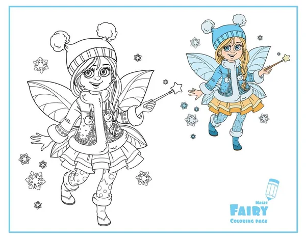 Cute Little Winter Fairy Girl Magic Wand Color Outlined Picture — Stock Vector