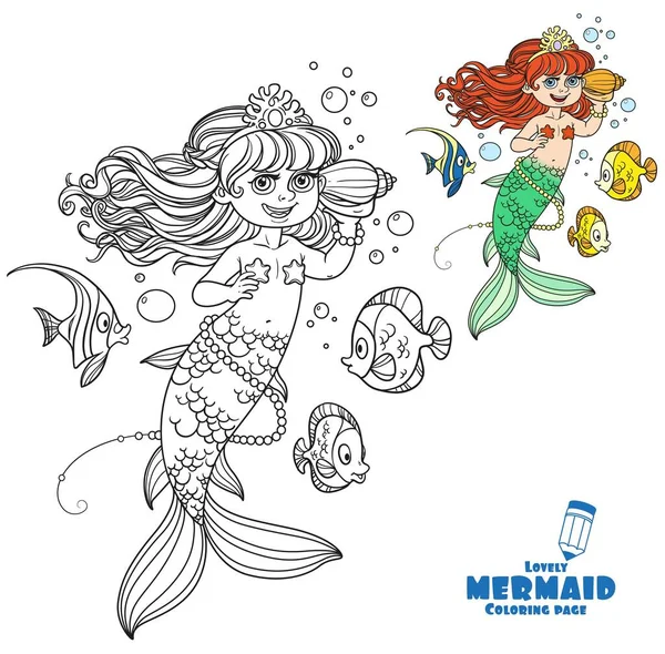 Cute Little Mermaid Girl Floats Water Listens Shell Coloring Page — Stock Vector