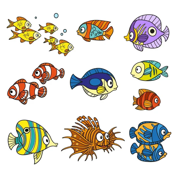 Desenhos Animados Mar Peixes Definir Página Para Colorir Fundo Branco — Vetor de Stock