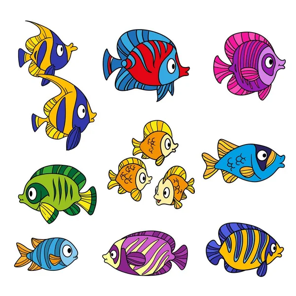 Lindos Peces Marinos Dibujos Animados Delineados Aislados Sobre Fondo Blanco — Archivo Imágenes Vectoriales