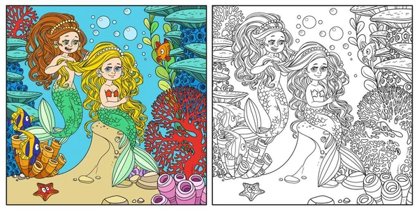 Roztomilé Dívka Mořská Panna Copánky Přítel Mořská Panna Podmořském Světě — Stockový vektor