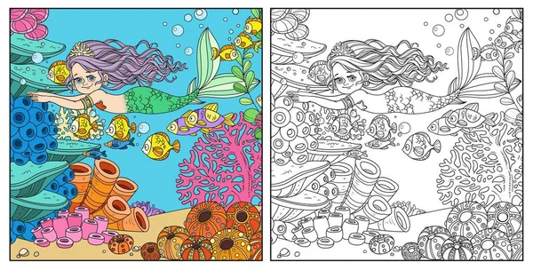 Όμορφη Μικρή Γοργόνα Κορίτσι Κολυμπούν Ψάρια Στον Υποβρύχιο Κόσμο Κοράλλια — Διανυσματικό Αρχείο