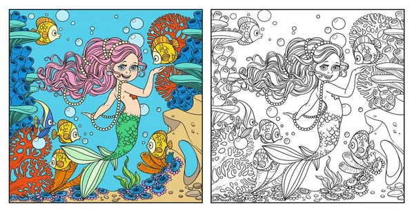 Schöne Kleine Meerjungfrau Mädchen Auf Unterwasserwelt Mit Korallen Und Anemonen — Stockvektor