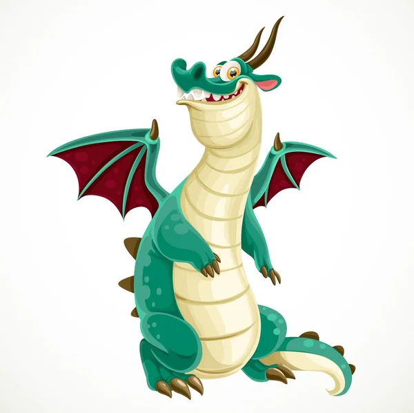 Lindo Dragón Verde Dibujos Animados Aislado Sobre Fondo Blanco — Vector de stock