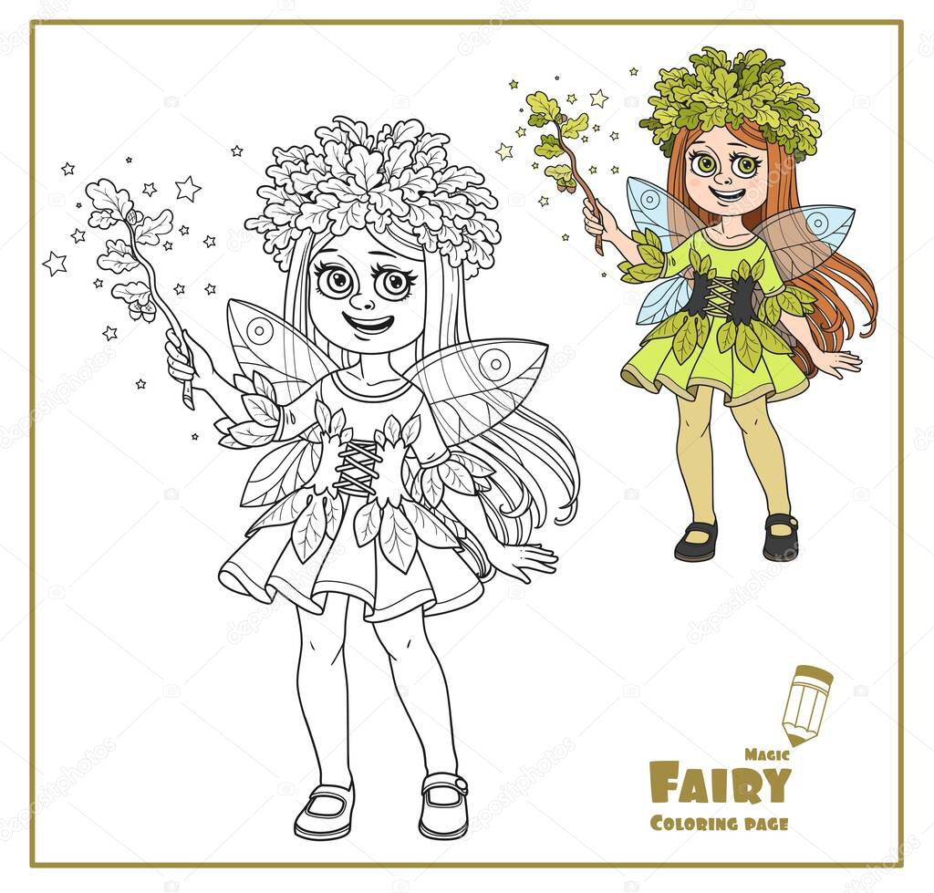 Cute in a fairy costume dressed in a suit of oak leaves and with magic wand with leaves and acorns color and outlined isolated on white background