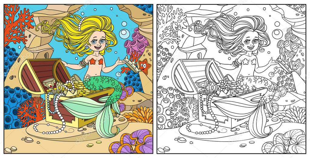 Cute mermaid girl is sitting on a treasure chest and keep the crown on the hand on underwater world with corals and anemones background color and outlined