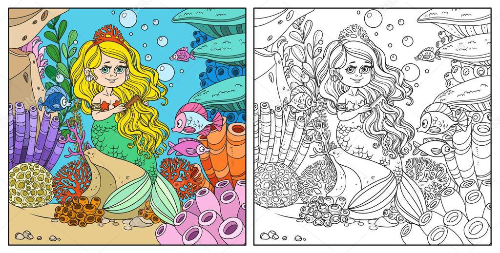 Beautiful little mermaid girl sits on a rock and combs her hair on underwater world frame with corals, fish and anemones background color and outlined
