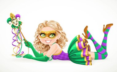 Mardi Gras maskeli güzel bir kız ve beyaz bir yüzeye uzanmış karnaval kostümü.