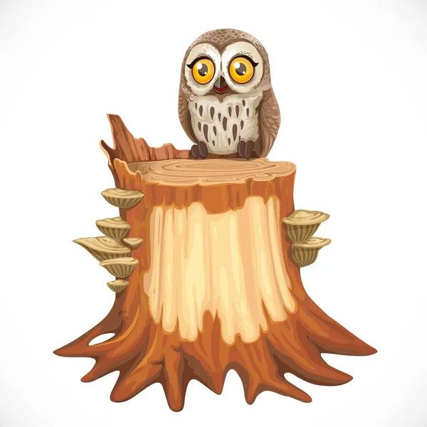 Cute Cartoon Owl Sit Old Stump Overgrown Wood Mushrooms Isolated — Stock Vector