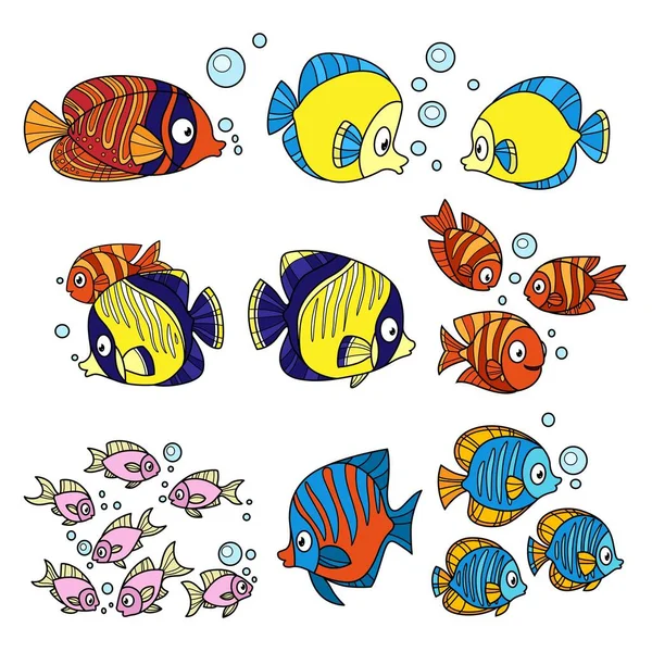 Diversión Dibujos Animados Peces Mar Establecer Color Sobre Fondo Blanco — Archivo Imágenes Vectoriales